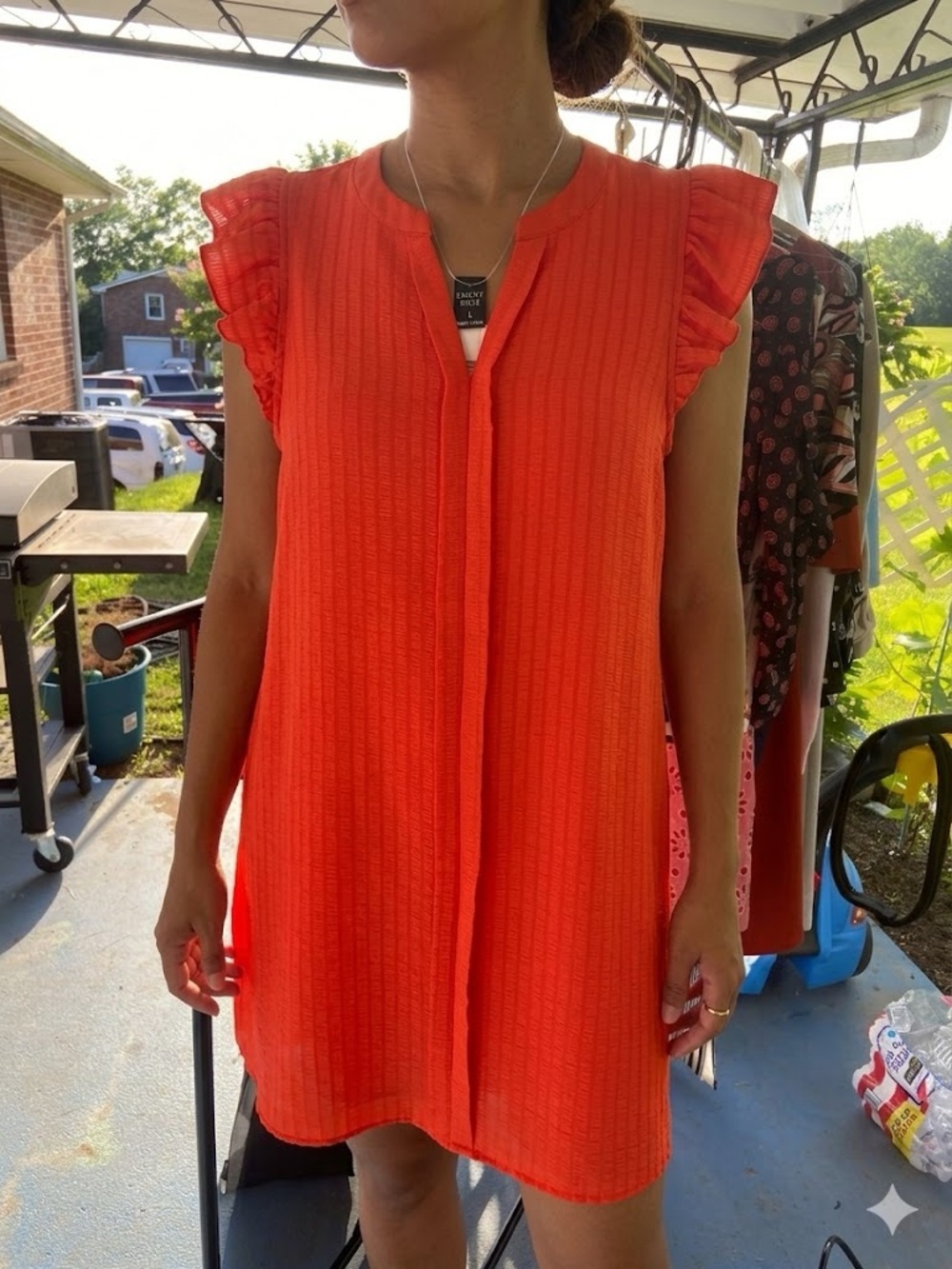 Sleeveless Coral Midi Dress with Ruffle Shoulders